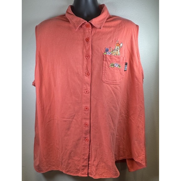 Disney Bambi Cartoon Embroidered Sleeveless Collared Button Up Shirt Women's XL - Picture 2 of 4